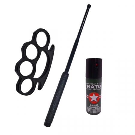 Bastoane telescopice si nunceaguri - Set 3 accesorii autoaparare IdeallStore®, baston telescopic otel, 50 cm, box si spray paralizant iritant