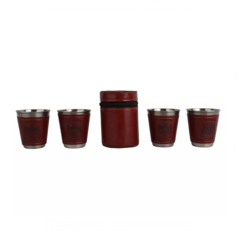 SPORT & TIMP LIBER - Set 4 pahare Inox cu Husa din Piele , 50 ml