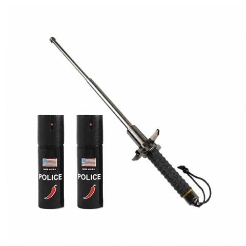 Bastoane telescopice si nunceaguri - Set baston telescopic  si 2 x spray autoaparare chili DEPOX®, spărgător de geamuri, mâner antiderapant,husa inclsa, 24-67 cm/60 ml