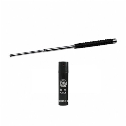 Bastoane telescopice si nunceaguri - Set baston telescopic 3 sectiuni si Spray paralizant Police,DEPOX®, otel inoxidabil, 64 cm/110 ml, argintiu, husa inclusa