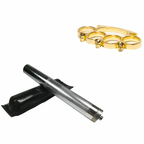 Bastoane telescopice si nunceaguri - Set baston telescopic din otel, argintiu, 64 cm si box craniu auriu