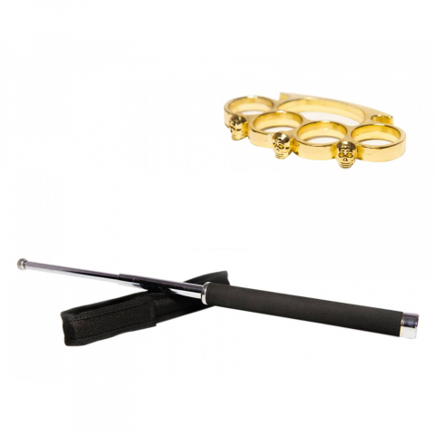 Bastoane telescopice si nunceaguri - Set baston telescopic 65 cm argintiu + box craniu auriu