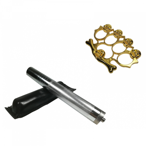 SPORT & TIMP LIBER - Set baston telescopic din otel, argintiu, 64 cm + box-rozeta craniu auriu