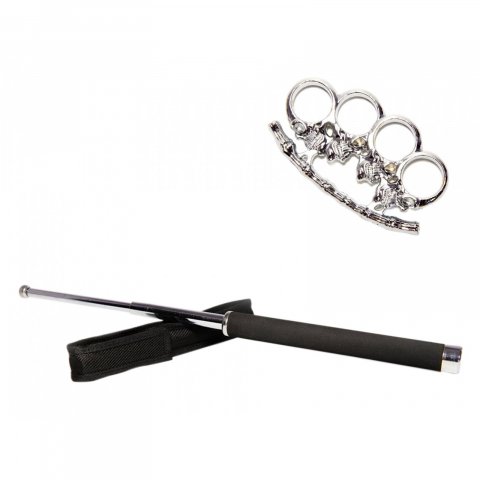 Bastoane telescopice si nunceaguri - Set baston telescopic 65 cm argintiu + pumnal/box craniu argintiu