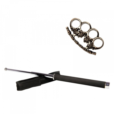 Pumnaluri si boxuri - Set baston telescopic 65 cm argintiu + pumnal craniu