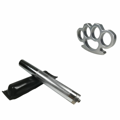 Bastoane telescopice si nunceaguri - Set baston telescopic din otel, argintiu, 64 cm + box argintiu 0.5 cm grosime
