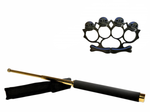 Seturi & accesorii autoaparare - Set baston telescopic 65 cm auriu & box-rozeta skull negru