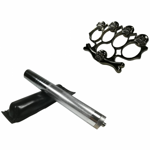 Bastoane telescopice si nunceaguri - Set baston telescopic din otel, argintiu, 64 cm + box-rozeta craniu negru