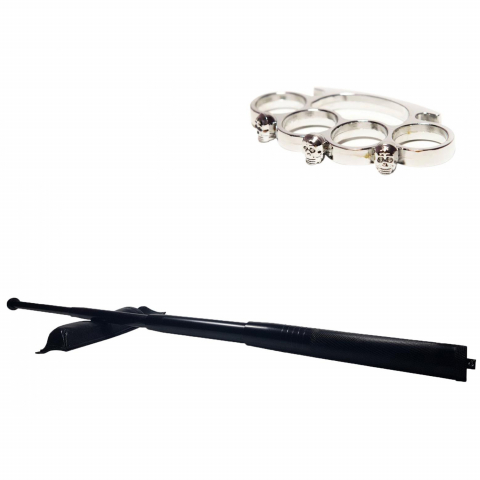 Bastoane telescopice si nunceaguri - Set baston telescopic din otel, negru, 64 cm + box craniu argintiu