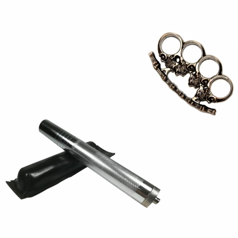 Bastoane telescopice si nunceaguri - Set baston telescopic din otel, argintiu, 64 cm + pumnal craniu