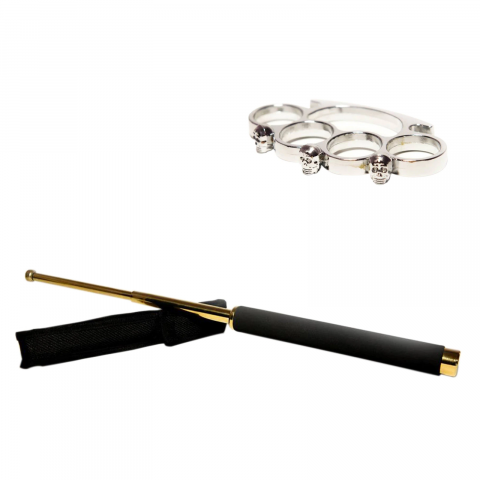 Bastoane telescopice si nunceaguri - Set baston telescopic IdeallStore® 65 cm auriu si box craniu argintiu