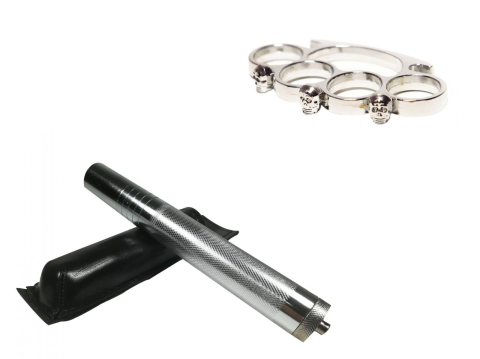 SPORT & TIMP LIBER - Set baston telescopic din otel, argintiu, 64 cm + box craniu negru