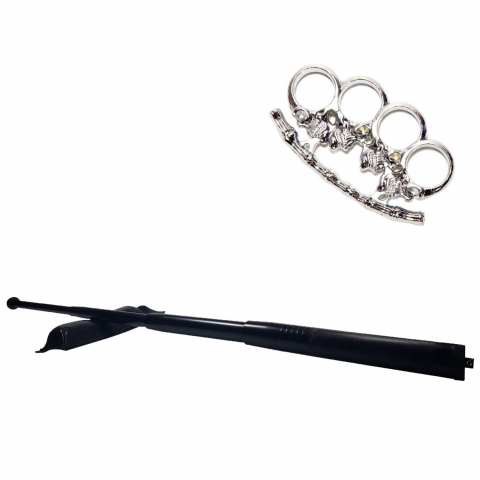 Bastoane telescopice si nunceaguri - Set baston telescopic din otel, negru, 64 cm + pumnal/box craniu argintiu