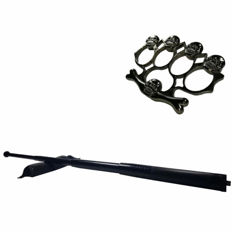 Bastoane telescopice si nunceaguri - Set baston telescopic din otel, negru, 64 cm + box-rozeta craniu negru