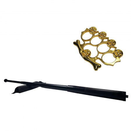 SPORT & TIMP LIBER - Set baston telescopic din otel, negru, 64 cm + box-rozeta craniu auriu