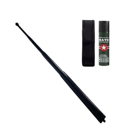 Bastoane telescopice si nunceaguri - Set baston telescopic din otel si spray paralizant , 90 ml, negru, 77 cm, 4 sectiuni , husa inclusa