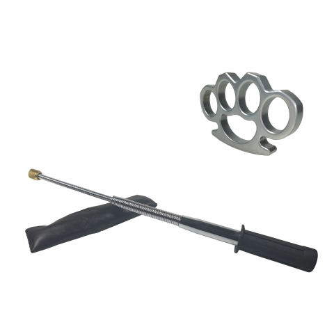 Bastoane telescopice si nunceaguri - Set baston telescopic flexibil argintiu, maner cauciuc, 47 cm  + box argintiu 0,5 cm grosime