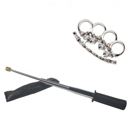 Set baston telescopic flexibil argintiu, maner cauciuc, 47 cm  +  pumnal/box craniu argintiu [0]