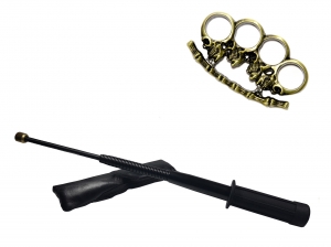 Set baston telescopic flexibil negru maner tip tonfa 47 cm +  pumnal/box crani [0]