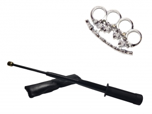 Set baston telescopic flexibil negru maner tip tonfa +  pumnal/box craniu argintiu [0]