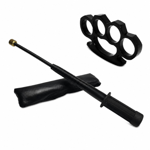 SPORT & TIMP LIBER - Set baston telescopic flexibil negru maner tip tonfa 47 cm +  box negru 0.5 cm grosime