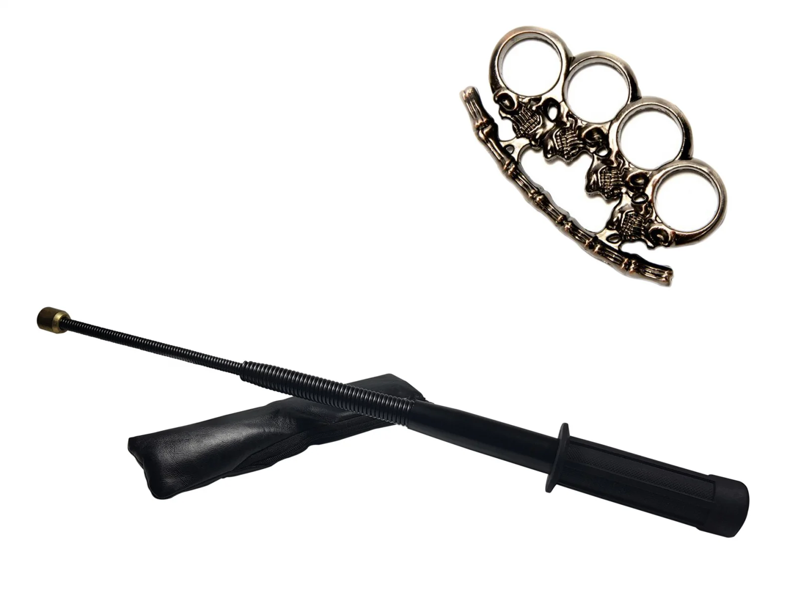 Bastoane telescopice si nunceaguri - Set baston telescopic flexibil negru maner tip tonfa 47 cm + pumnal craniu