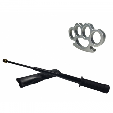 Bastoane telescopice si nunceaguri - Set baston telescopic flexibil negru maner tip tonfa 47 cm + box argintiu 1 cm grosime