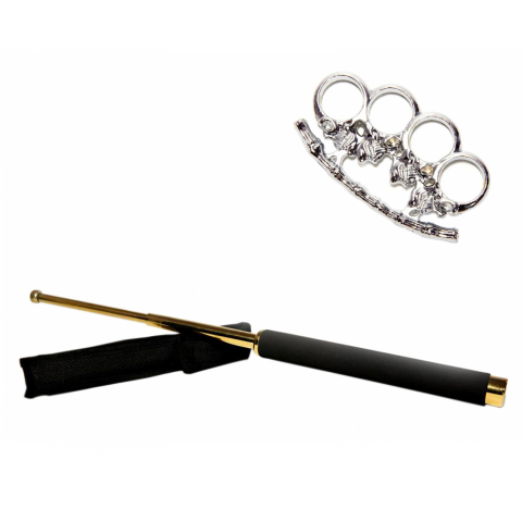 Bastoane telescopice si nunceaguri - Set baston telescopic 65 cm auriu + pumnal/box craniu argintiu
