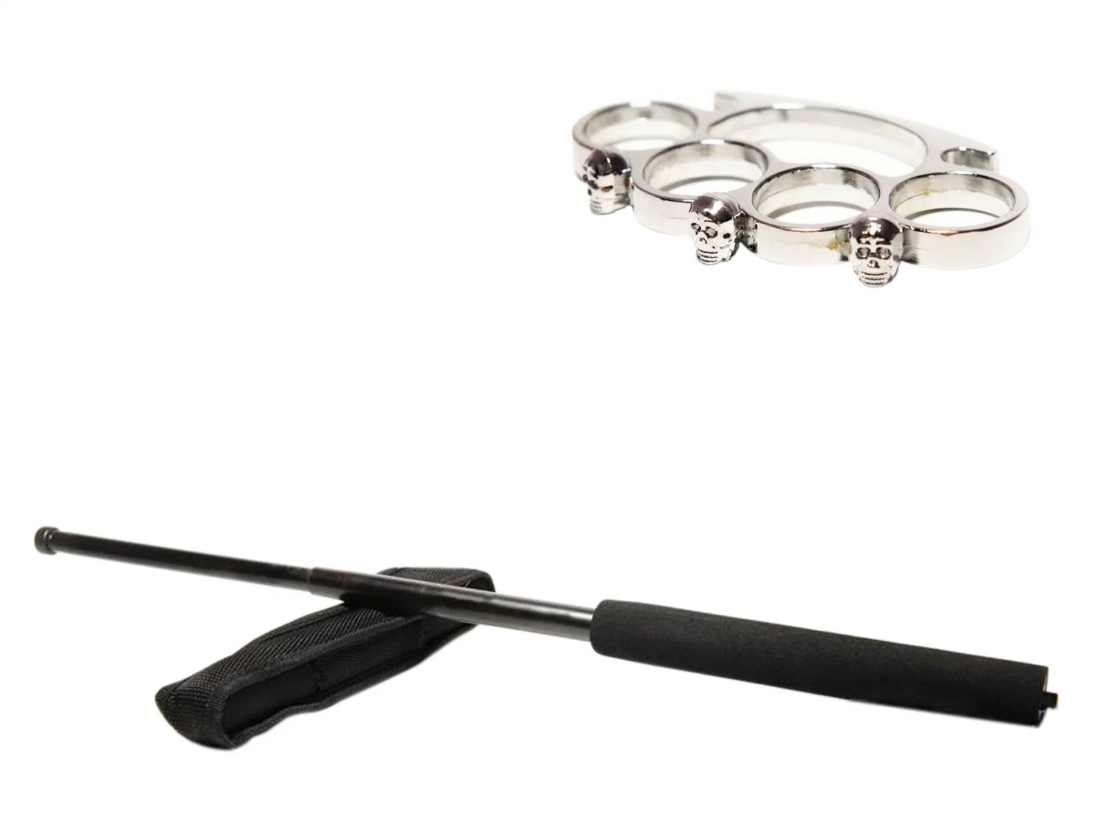 Bastoane telescopice si nunceaguri - Set baston telescopic negru 50 cm + box craniu argintiu