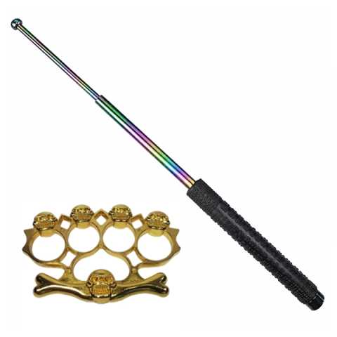 Bastoane telescopice si nunceaguri - Set baston telescopic otel 3 sectiuni si rozeta box craniu DEPOX®, 66 cm/12 cm, husa inclusa, multicolor/auriu