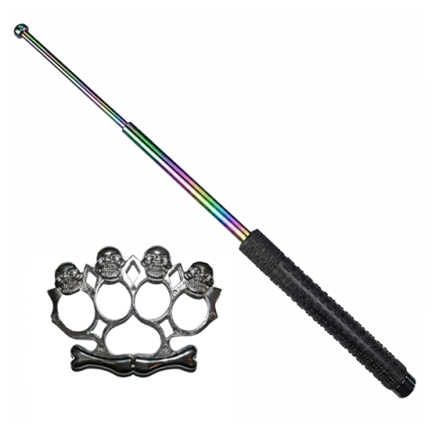 Bastoane telescopice si nunceaguri - Set baston telescopic otel 3 sectiuni si rozeta box craniu DEPOX®, 66 cm/12 cm, husa inclusa, multicolor/argintiu