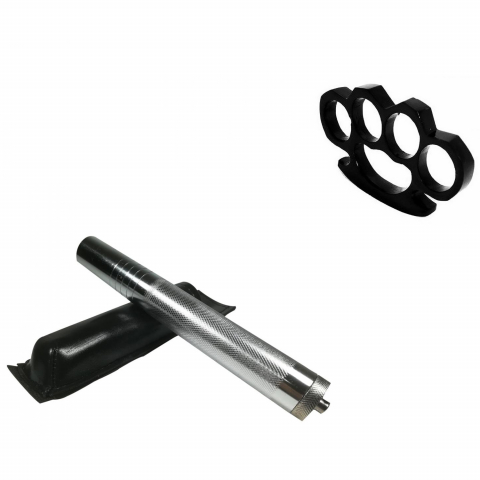 SPORT & TIMP LIBER - Set box craniu argintiu si baston telescopic din otel, 64 cm