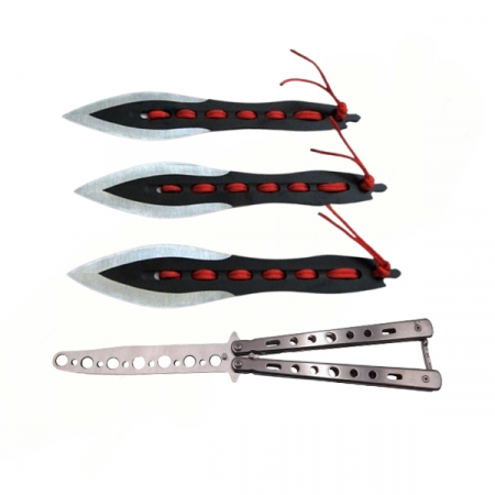SPORT & TIMP LIBER - Set Briceag fluture de antrenament si trei cutite de aruncat, Anarchy Blades, DEPOX®, otel inoxidabil