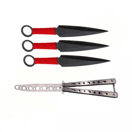 CASA SI GRADINA - Set Briceag fluture de antrenament si trei cutite de aruncat, Ninja Way, IdeallStore®, otel inoxidabil