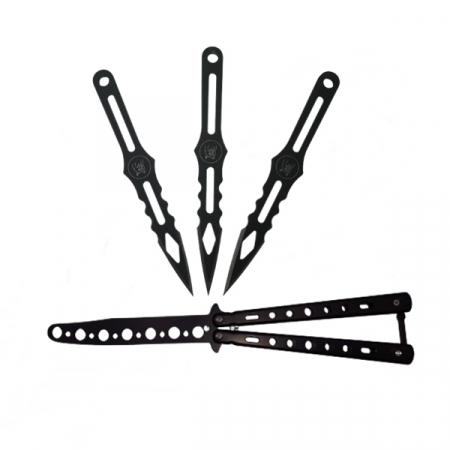 Briceaguri fluture & antrenament - Set Briceag fluture de antrenament, Wave Blade si 3 cutite de aruncat , IdeallStore®, otel inoxidabil
