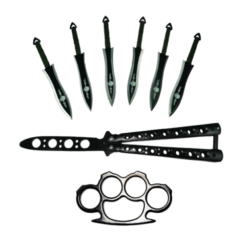 SPORT & TIMP LIBER - Set briceag fluture, rozeta si 6 cutite de aruncat, otel inoxidabil, negru