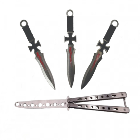 Briceaguri fluture & antrenament - Set Briceag fluture si 3 Cutite de aruncat , IdeallStore® , Otel inoxidabil,