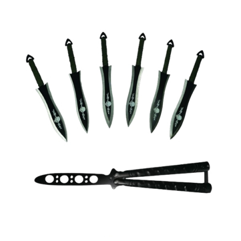 SPORT & TIMP LIBER - Set Briceag fluture si sase cutite de aruncat, otel inoxidabil, negru