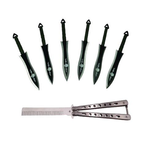 Cutite & seturi de cutite - Set Briceag fluture  si sase cutite de aruncat, Black Fury, otel inoxidabil, teaca inclusa