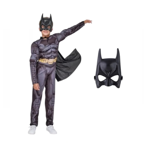Set costum carnaval Batman cu muschi si masca plastic, 22 cm x 15 cm pentru copii DEPOX®, 7-9 ani, gri [0]