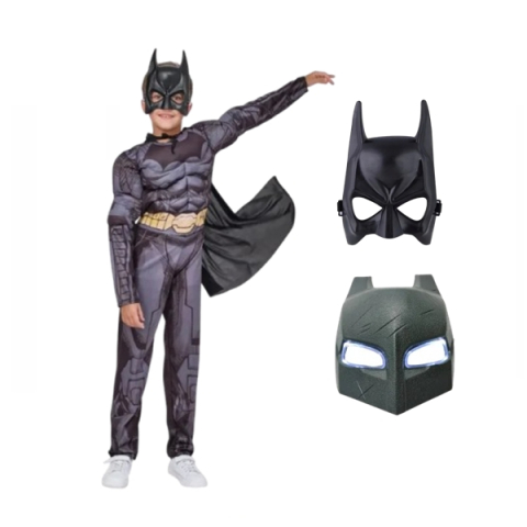 UNIVERSUL COPIILOR - Set costum carnaval cu muschi, masca 22 cm x 15 cm si masca Batman, PVC cu LED-uri pentru copii DEPOX®, 5-7 ani, gri