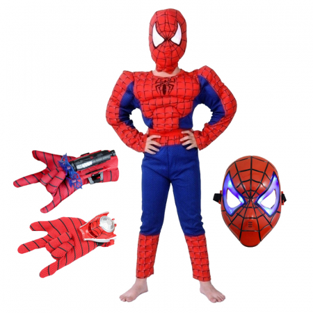 Costume Halloween copii - Set costum clasic Spiderman cu muschi, manusa ventuze, discuri si masca LED, 100-110 cm, 3-5 ani