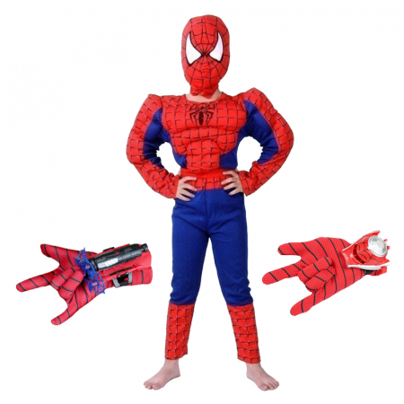 Costume si seturi pentru copii - Set costum clasic Spiderman cu muschi, rosu, manusa ventuze si discuri, 3-5 ani, 100-110 cm