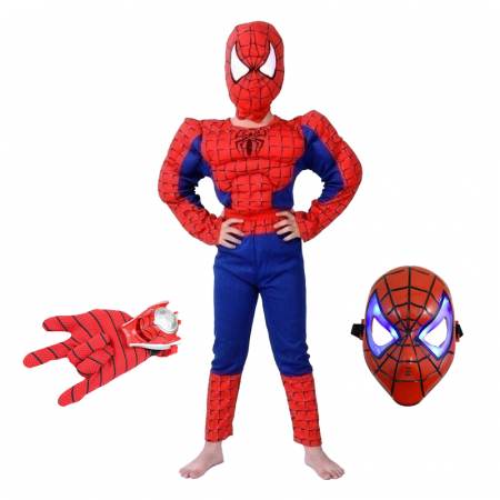 Costume si seturi pentru copii - Set costum clasic Spiderman cu muschi, rosu, manusa discuri si masca LED, 3-5 ani, 100-110 cm