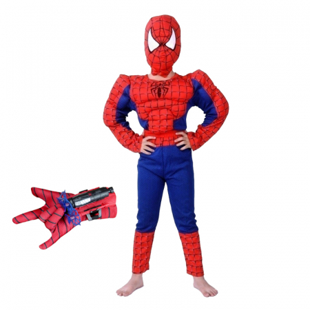 Costume spiderman - Set costum clasic Spiderman cu muschi, rosu si manusa cu ventuze, 7-9 ani, 120-130 cm