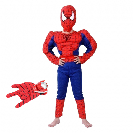 Costume spiderman - Set costum clasic Spiderman cu muschi, rosu si manusa cu discuri, 5-7 ani, 110-120 cm