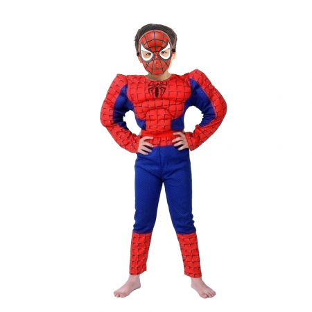 Costume spiderman - Set costum clasic Spiderman cu muschi, rosu si masca plastic, 5-7 ani, 110-120 cm