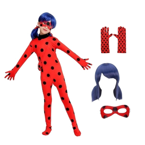 Costume si seturi pentru copii - Set costum copii Buburuza – tip combinezon rosu, cu masca, peruca si manusi, marime 100–110 cm, varsta 3–5 ani
