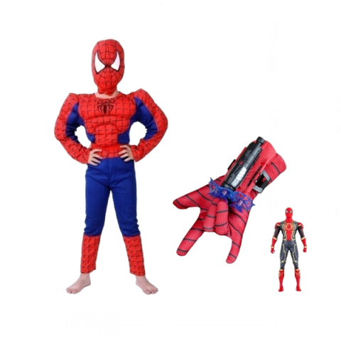 Costume Halloween copii - Set costum cu muschi, manusa cu ventuze si figurina Spiderman, 3-5 ani