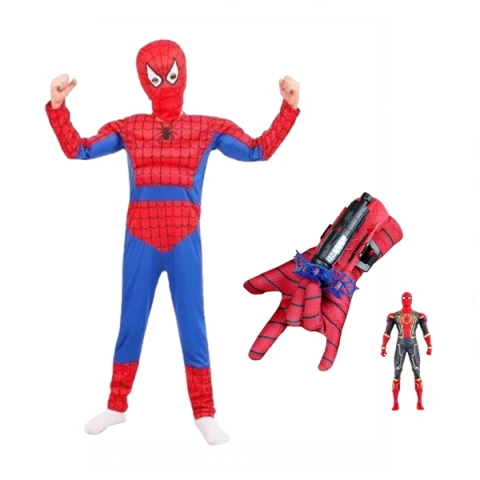 Costume spiderman - Set costum cu muschi, manusa cu ventuze si figurina Ultimate Spiderman, 7-9 ani, rosu